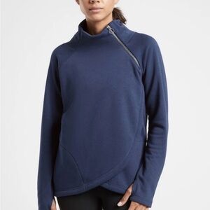 Athleta Cozy Karma Asymmetrical Funnel Neck Sweatshirt Navy Blue Size medium